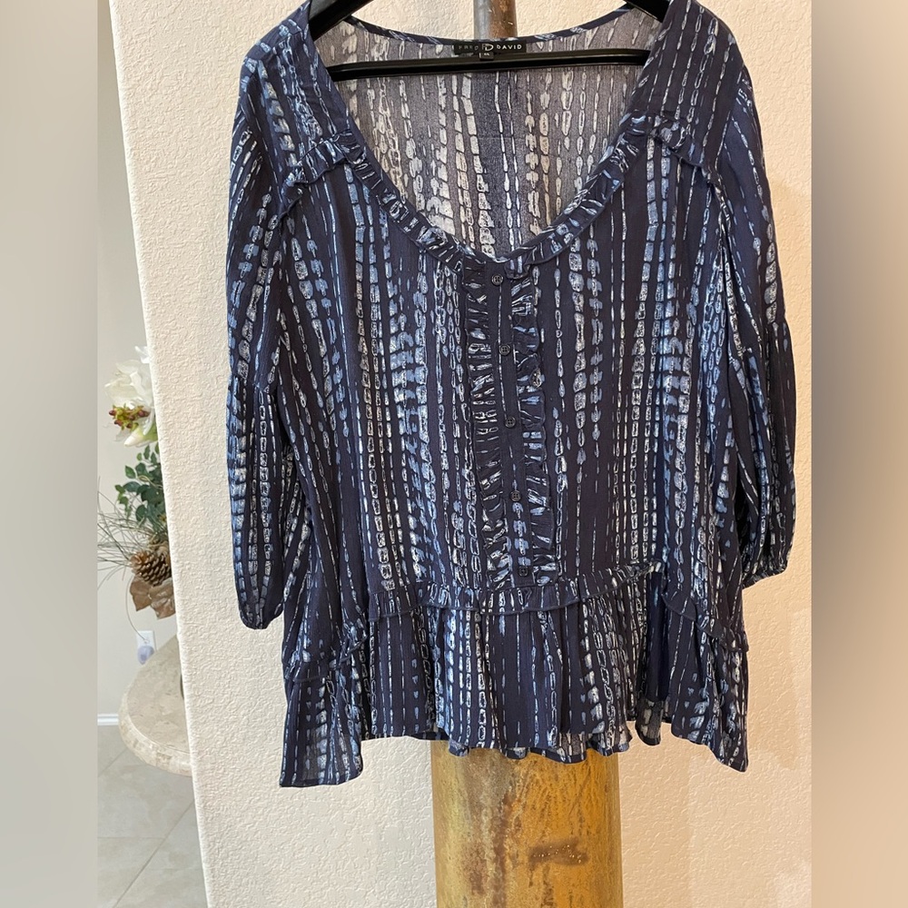 Fred David Blue Striped boho Top w full 3/4 elastic sleeves Ruffled peplum SZ L